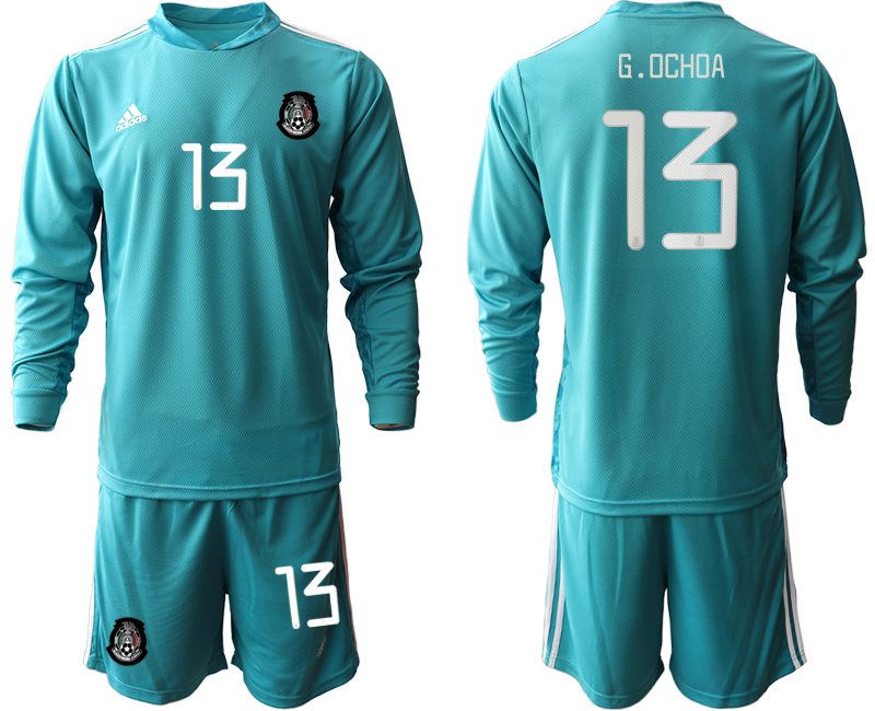 Men 2020-2021 Season National team Mexico goalkeeper Long sleeve blue #13 Soccer Jersey